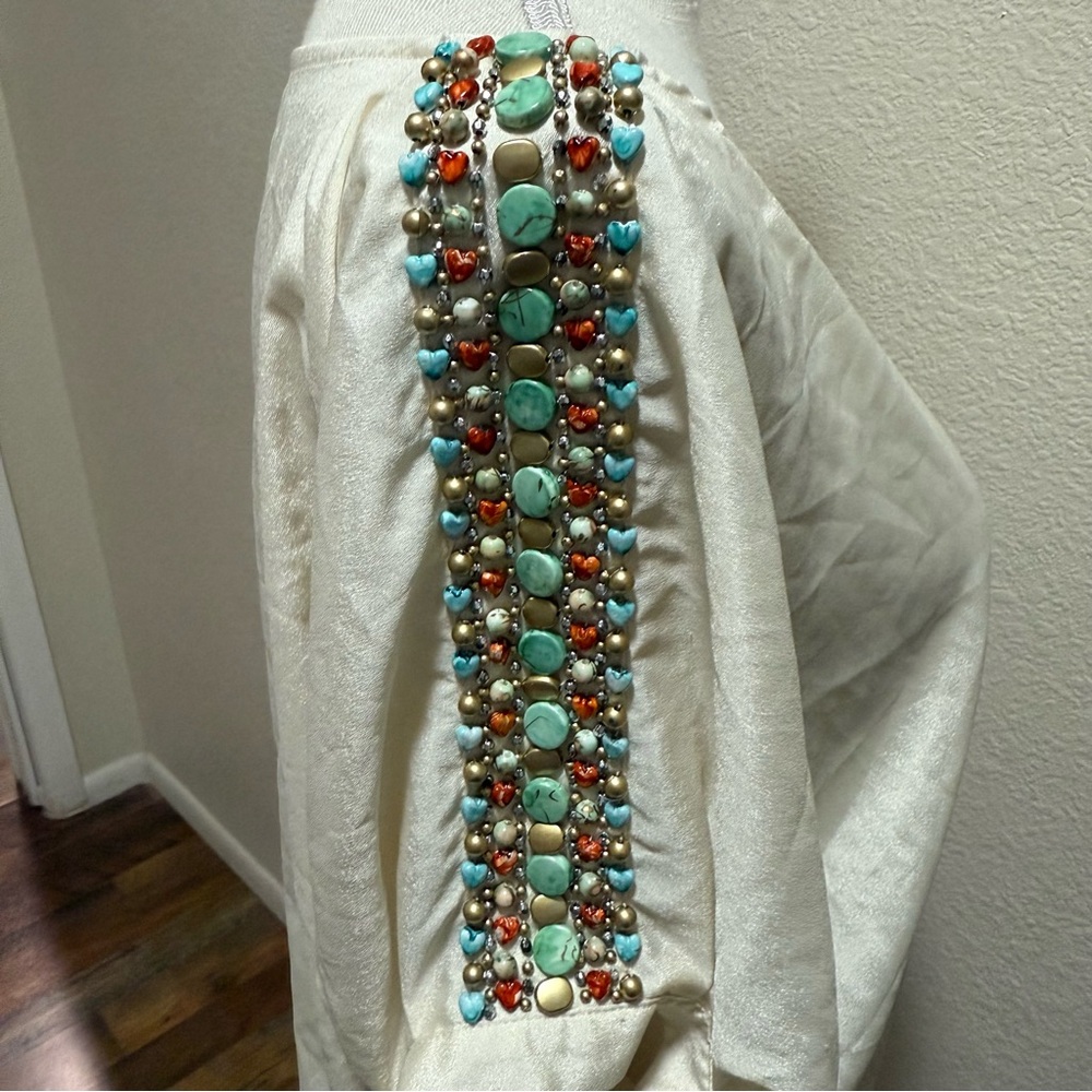 Caribbean Queen Embellished Cream Top with Beaded Accents - Size Small